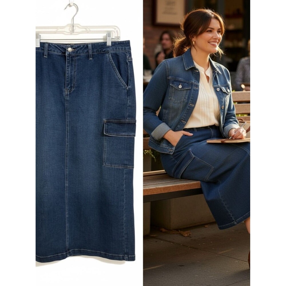JW Denim Midi Skirt Cargo Style Blue Stretch Size 14 Casual Y2K